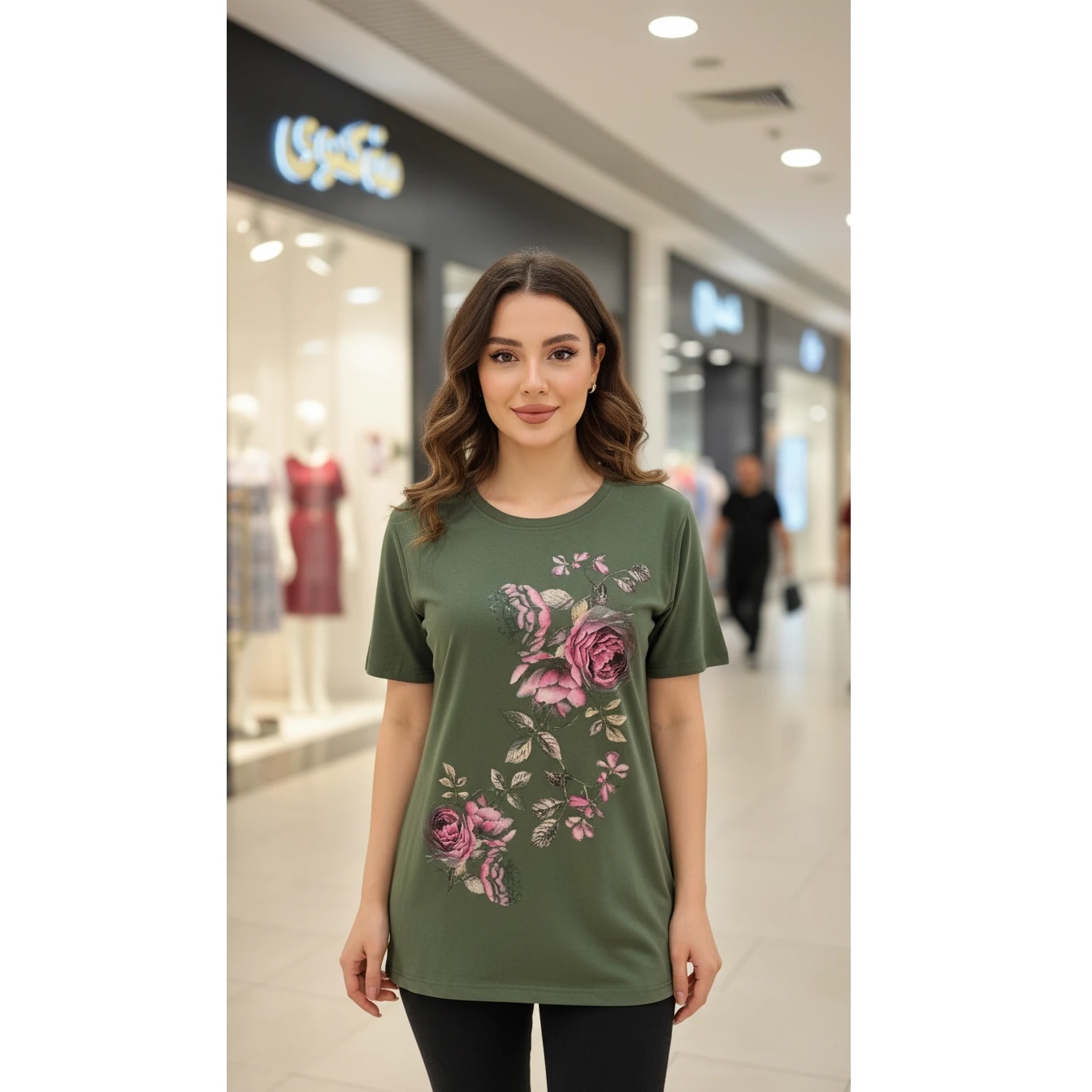 تیشرت زنانه طرح گل رز با تن‌خور لطیف و خنک کد S20 رنگ سبز